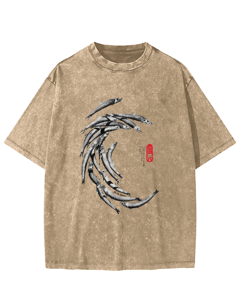 Japanese Fchool Of Fish Pattern Vintage Distressed T-shirt-Zazasy