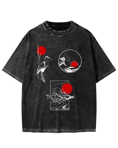 Sunrise Scenery in Japan Vintage Washed T-shirt-Zazasy
