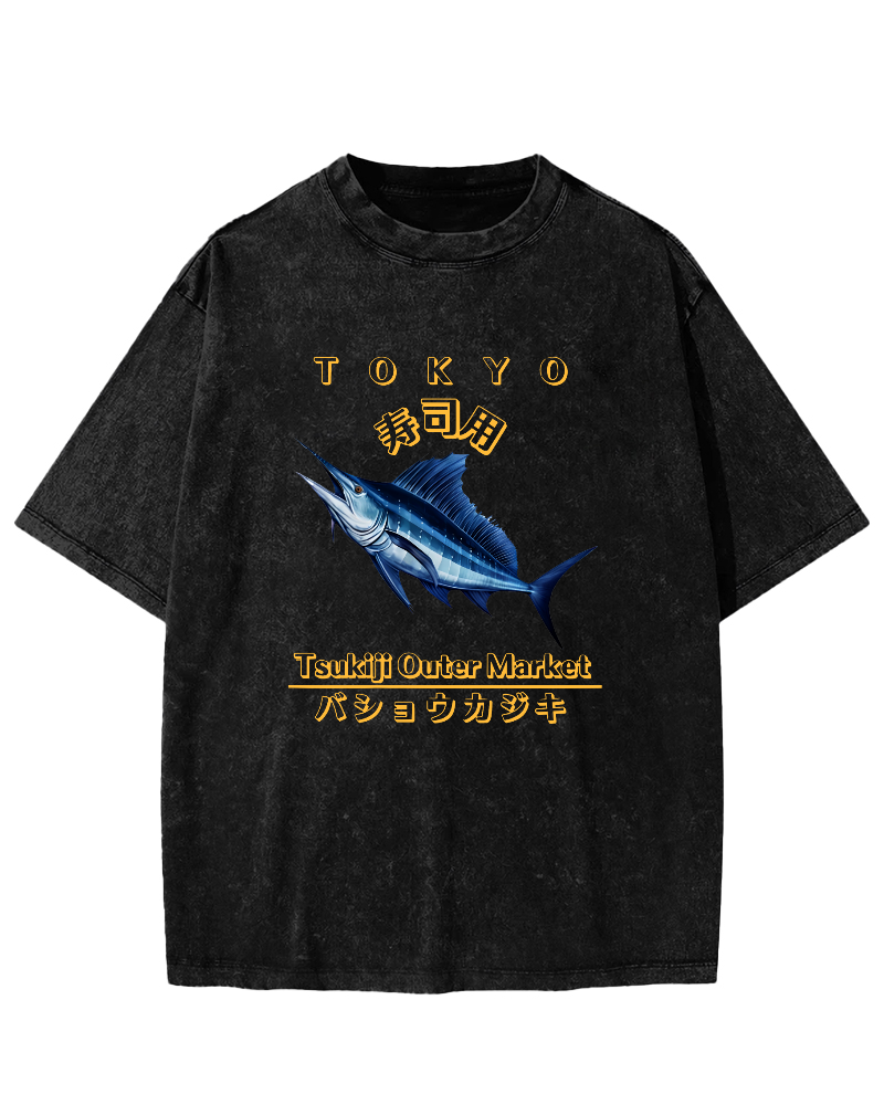 Japanese Sea Fish Sushi Vintage Distressed T-shirt-Zazasy