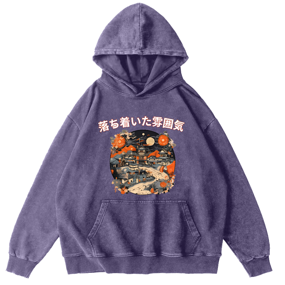 Sunset Scenery During the Edo Period Vintage Washed Hoodie-Zazasy