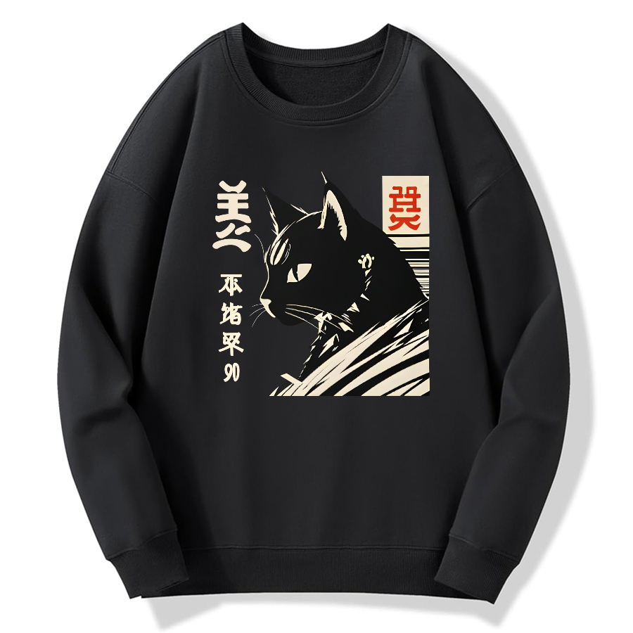 Japanese Black Cat Cotton Pullover Sweatshirt
