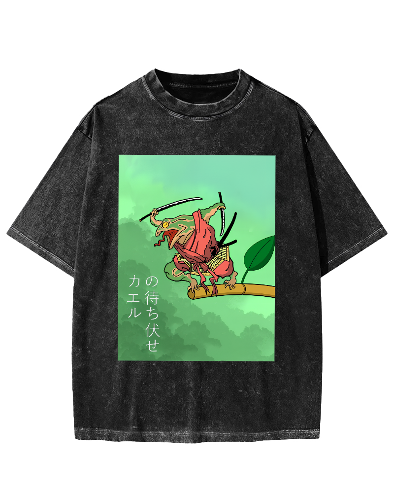 Frog Guardian Japanese Style Vintage Washed T-shirt-Zazasy