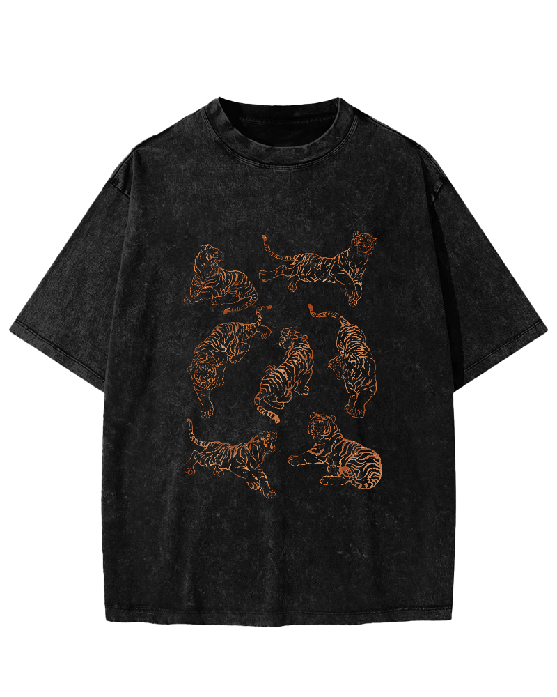 Japanese Tiger Pattern Leisure Vintage Distressed T-shirt-Zazasy