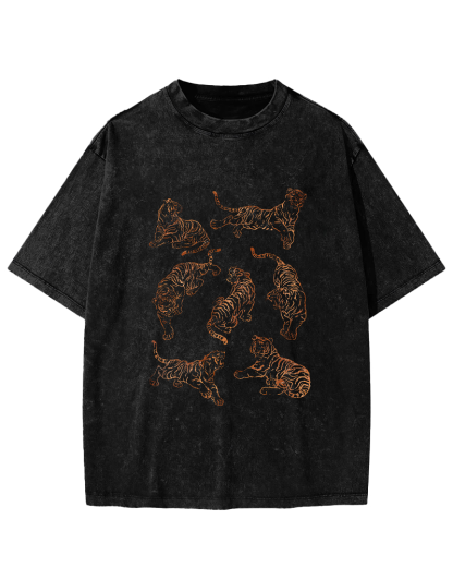 Japanese Tiger Pattern Leisure Vintage Distressed T-shirt-Zazasy