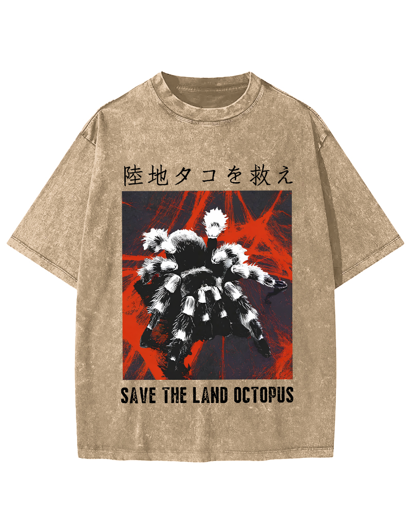 Save The Land Octopus Vintage Washed T-shirt-Zazasy
