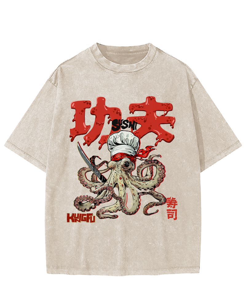 Kung Fu Sushi Japanese Vintage Washed T-shirt-Zazasy