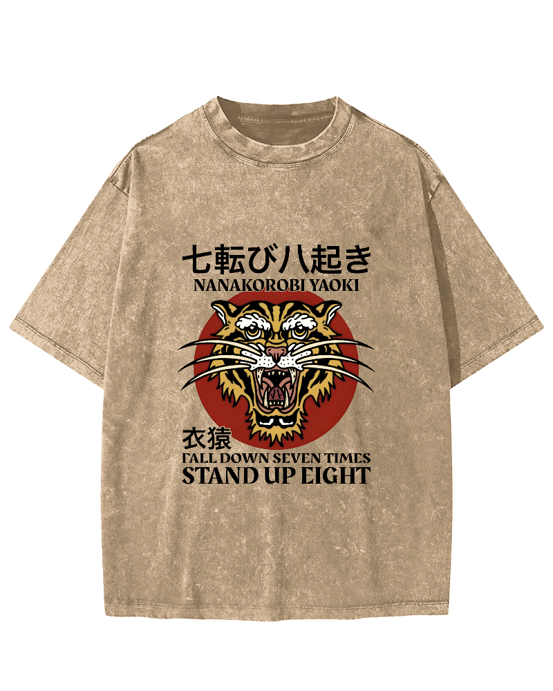 Japanese Tiger Head Pattern Vintage Distressed T-shirt-Zazasy