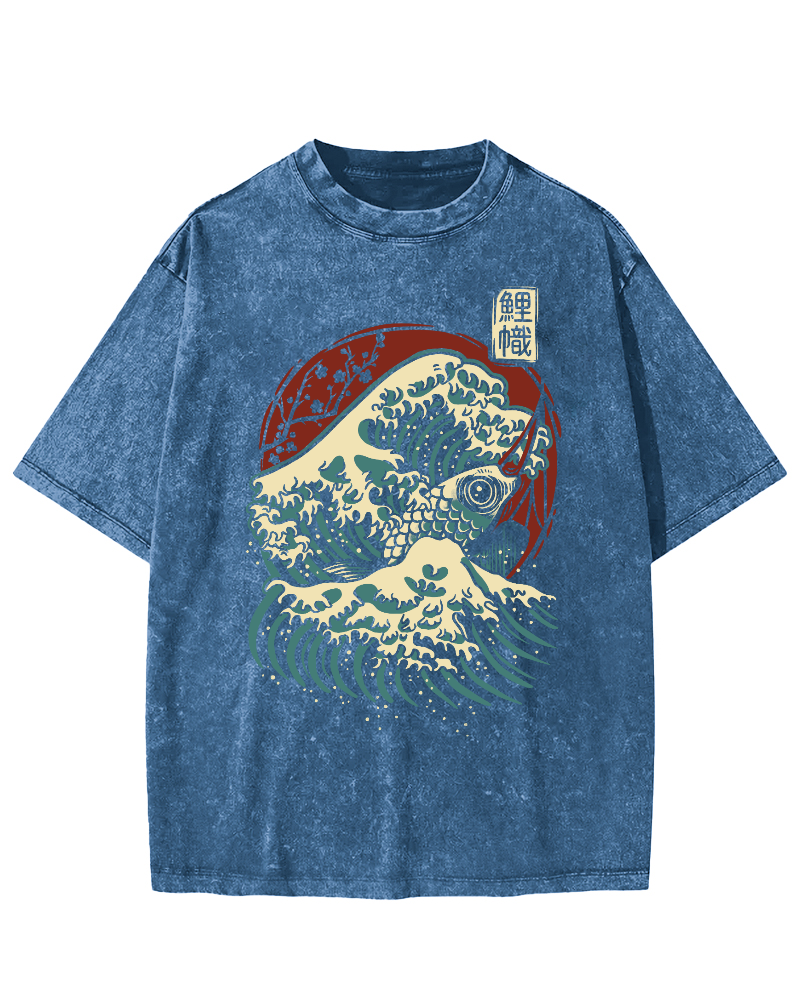Koi Fish Wave Japanese Style Vintage Washed T-shirt-Zazasy