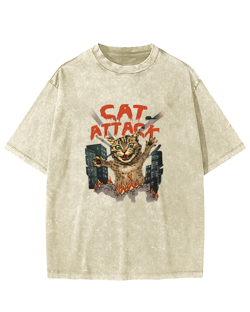 Japanese Cat Pattern Vintage Distressed T-shirt-Zazasy