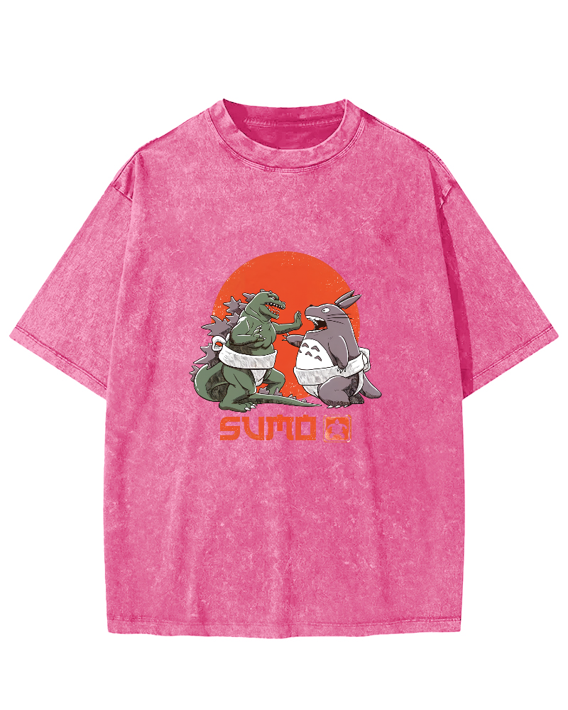 Japanese Style Cartoon Monster Pattern Vintage Distressed T-shirt-Zazasy
