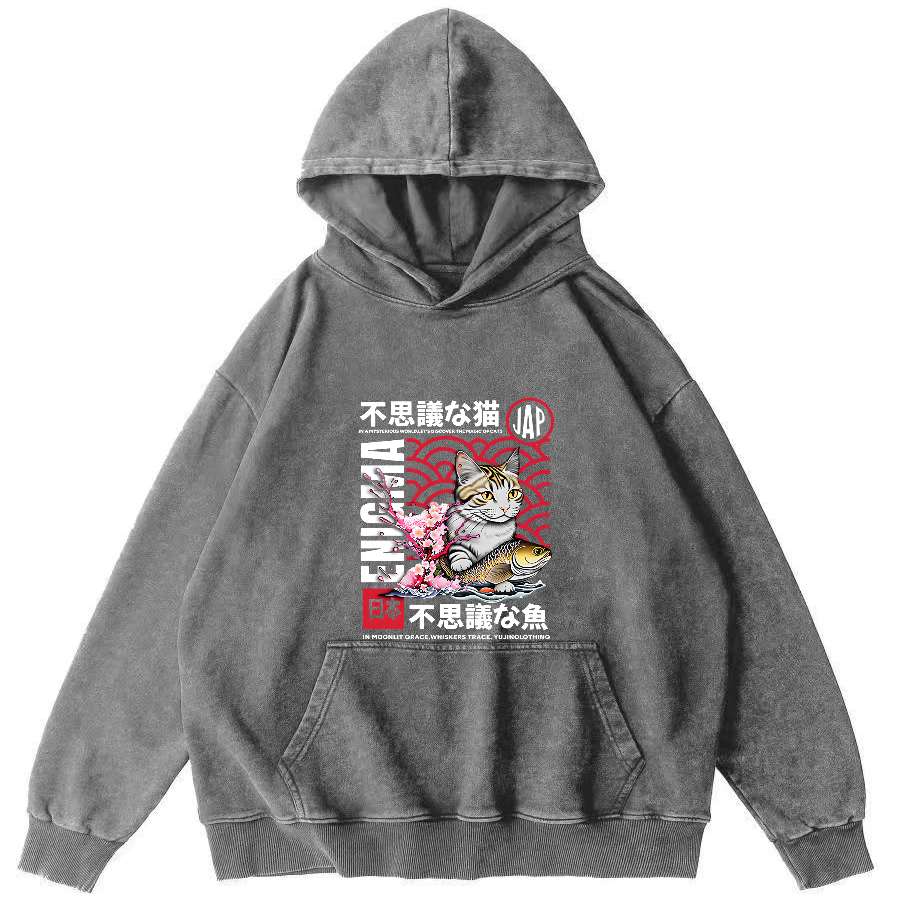 Japanese Cat Pattern Vintage Distressed Hoodie-Zazasy
