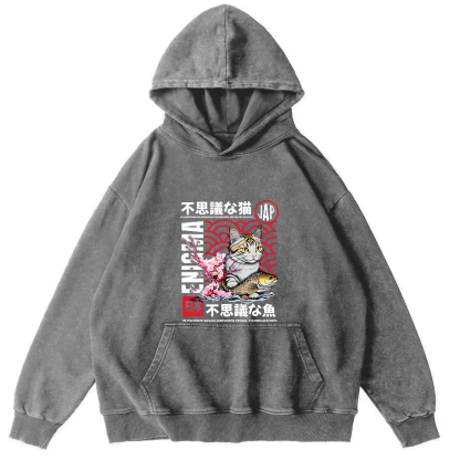 Japanese Cat Pattern Vintage Distressed Hoodie-Zazasy