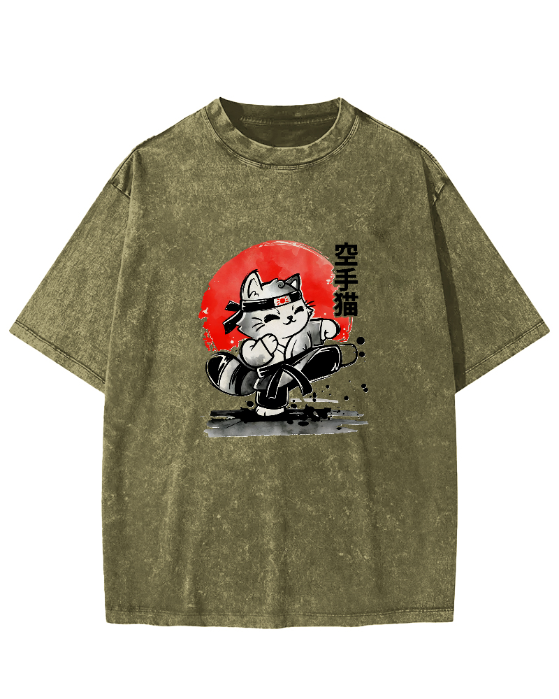 Karate Cat Japanese Style Vintage Distressed T-shirt-Zazasy