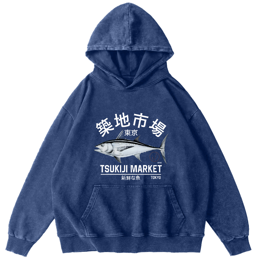 Japanese Seafood Market Salmon Vintage Distressed Hoodie-Zazasy