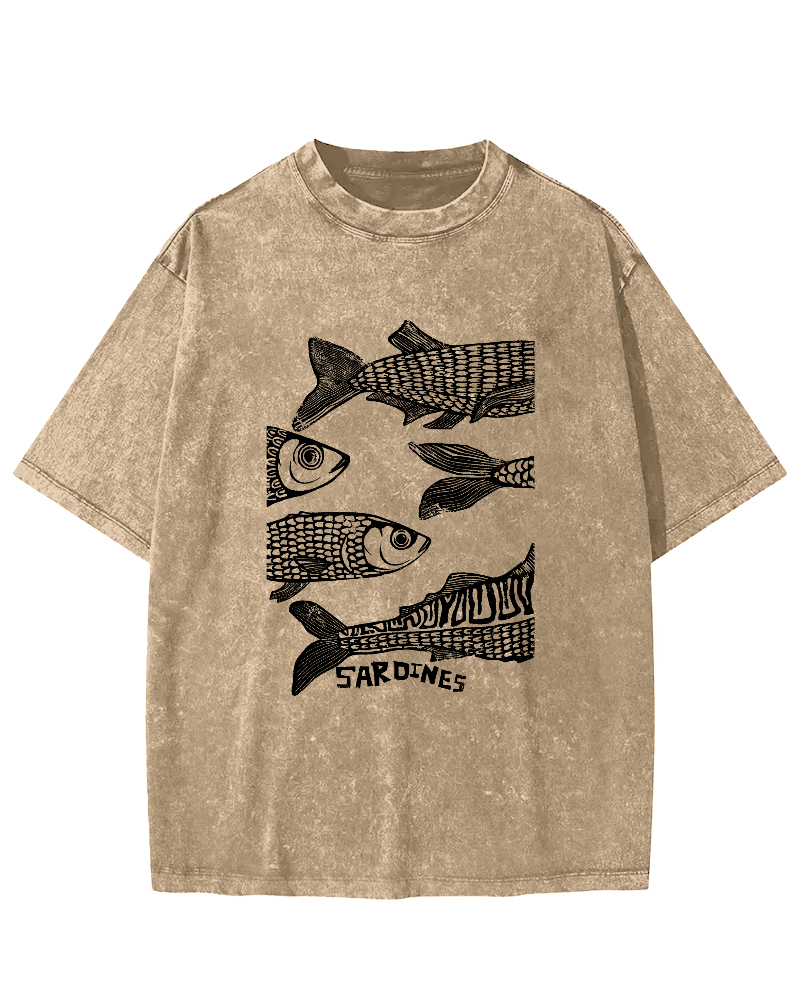 Retro Sea Fish Pattern Vintage Distressed T-shirt-Zazasy