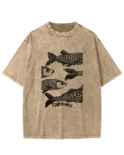 Retro Sea Fish Pattern Vintage Distressed T-shirt-Zazasy