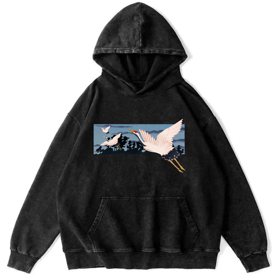 Idle Clouds, Wild Cranes, Japanese Style Vintage Washed Hoodie-Zazasy