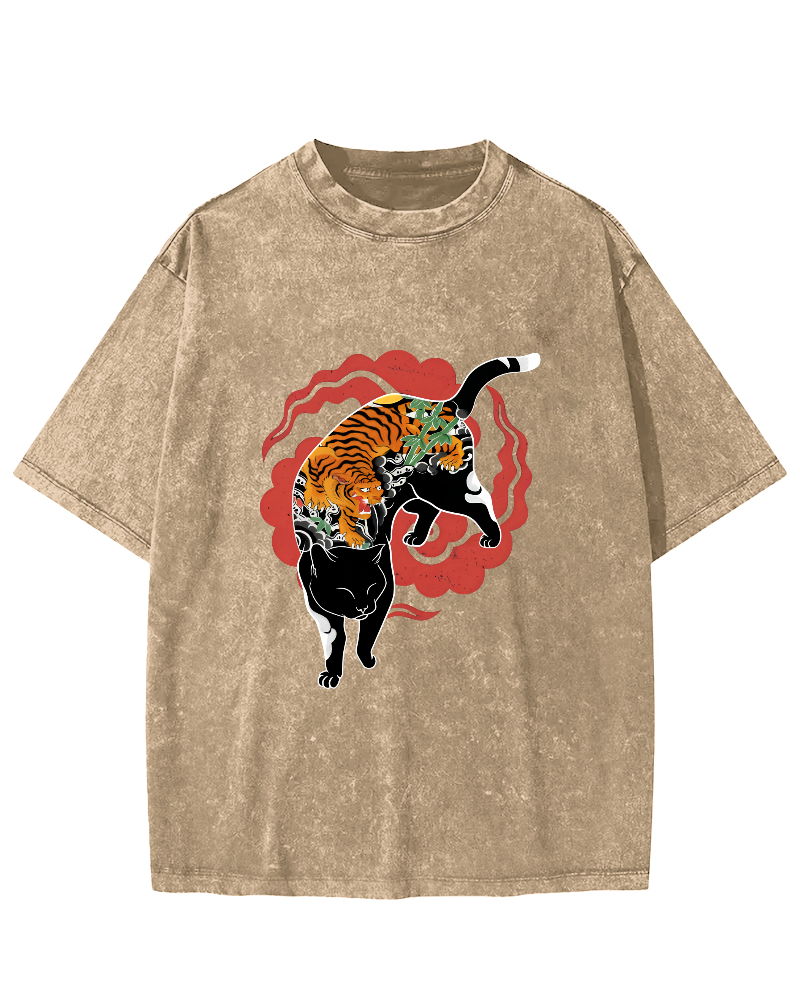 Tiger and Cat Pattern Vintage Distressed T-shirt-Zazasy