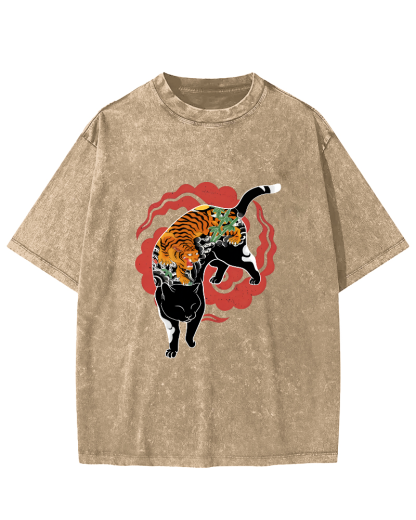 Tiger and Cat Pattern Vintage Distressed T-shirt-Zazasy