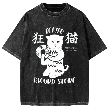 Crazy Cat Japanese style Poster Vintage Washed T-shirt