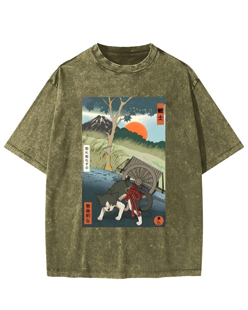 The Spirit of Japanese Warriors Vintage Washed T-shirt-Zazasy