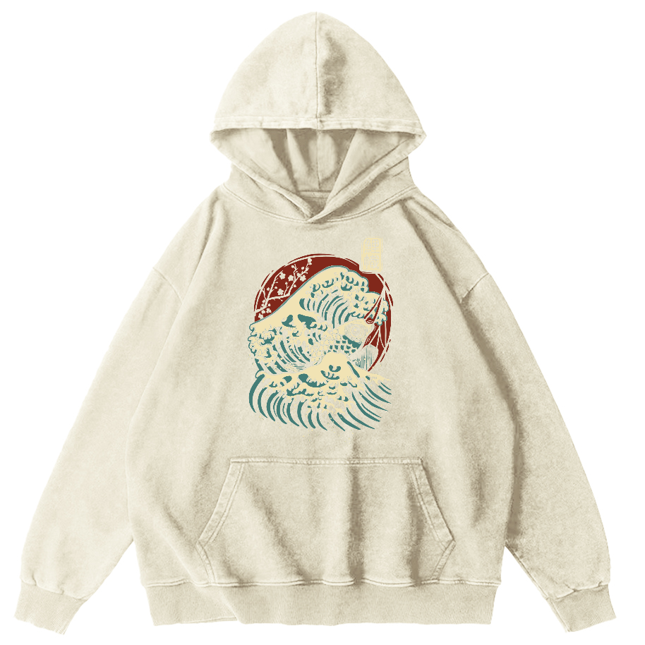 Koi in the Waves, Japanese Style Vintage Washed Hoodie-Zazasy