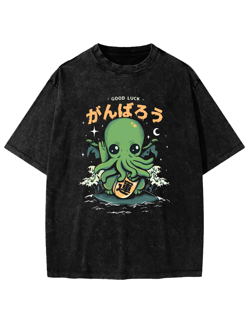 Japanese Lucky Octopus Pattern Vintage Distressed T-shirt-Zazasy