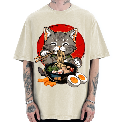 Japanese Anime Cat Eating Ramen Vintage Washed T-shirt