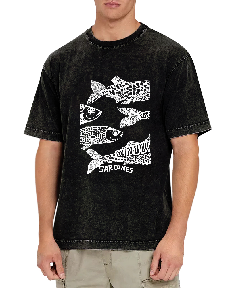 Retro Sea Fish Pattern Vintage Distressed T-shirt-Zazasy