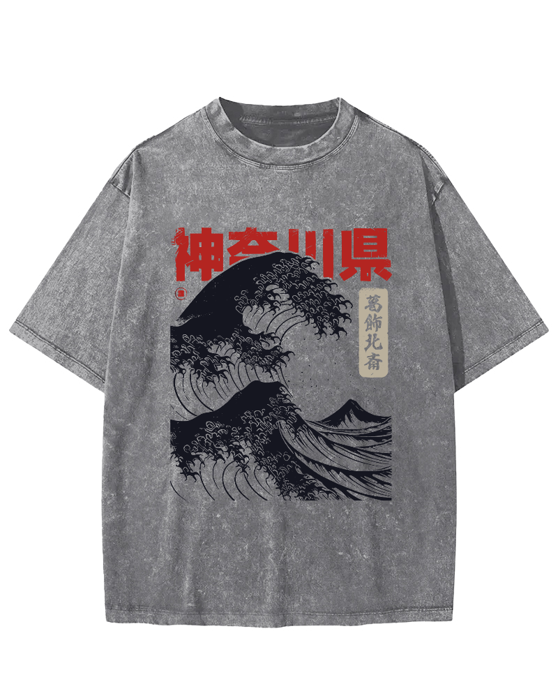 Shennai Giant Wave Vintage Washed T-shirt-Zazasy