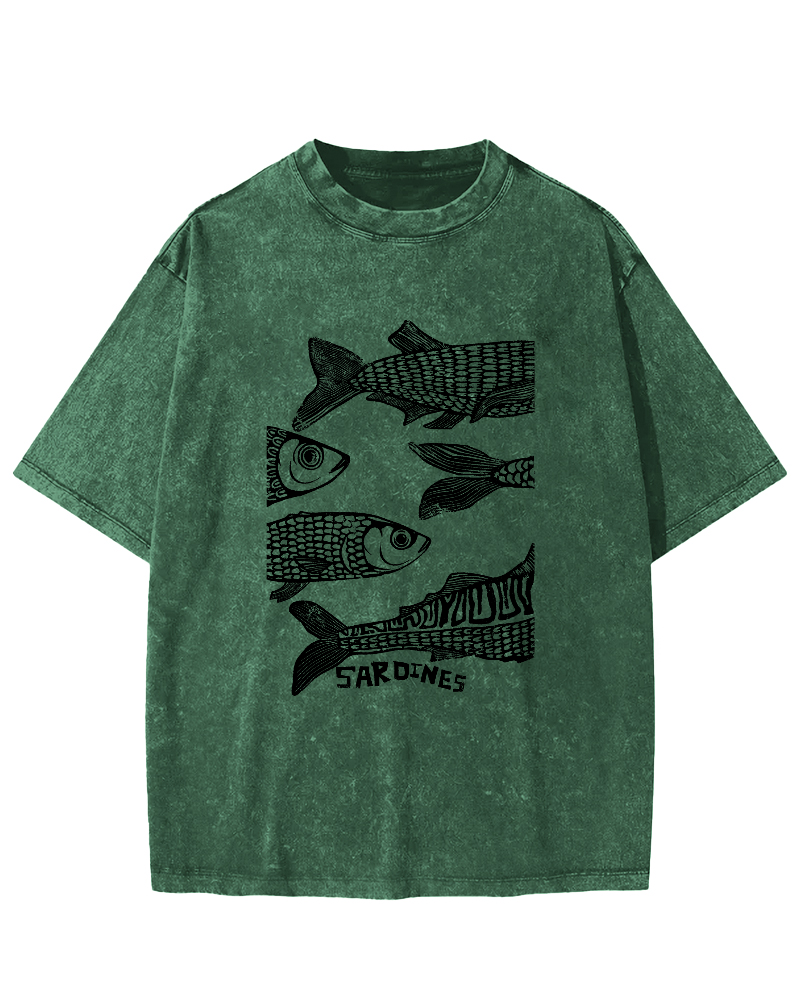 Retro Sea Fish Pattern Vintage Distressed T-shirt-Zazasy