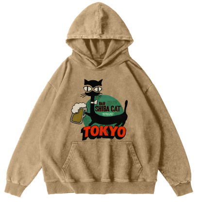 Tokyo Black Cat Vintage Distressed Hoodie-Zazasy