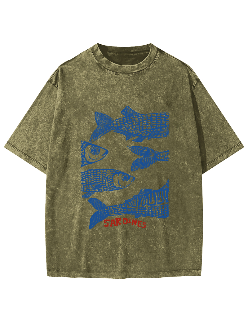 Retro Sea Fish Pattern Vintage Distressed T-shirt-Zazasy