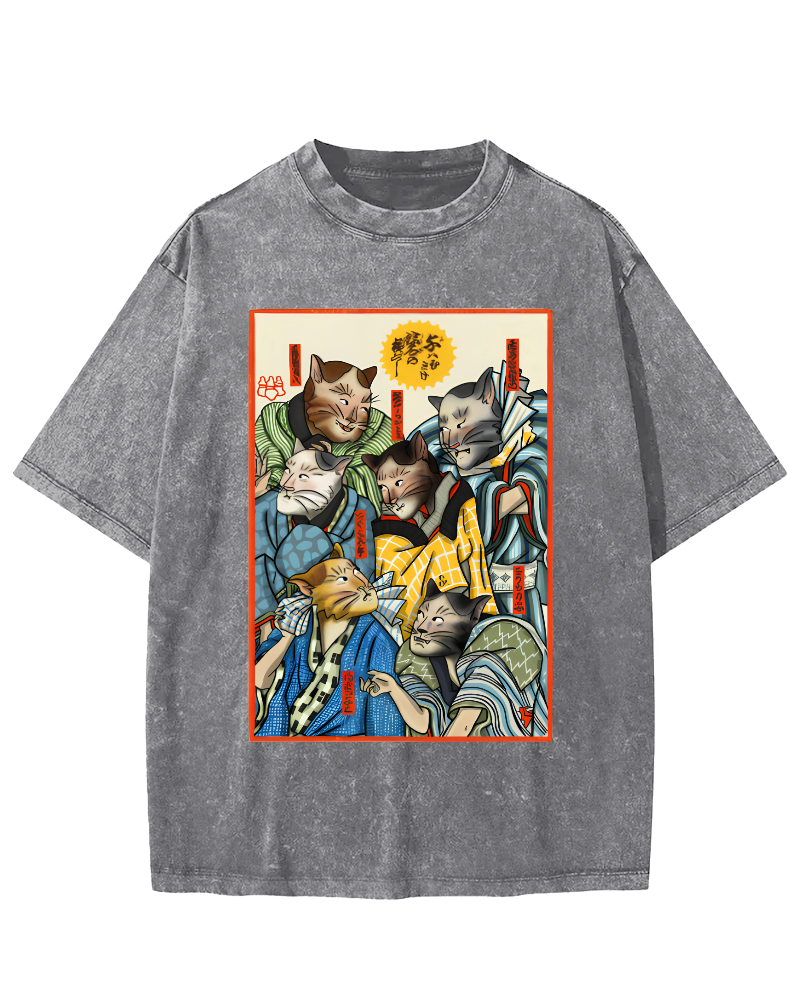 Japanese Samurai Cat Vintage Washed T-shirt-Zazasy