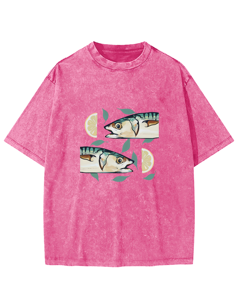 Japanese Lemon Fish Pattern Vintage Distressed T-shirt-Zazasy
