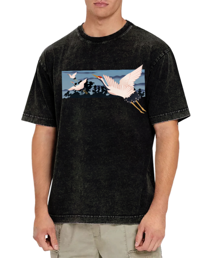 Idle Clouds, Wild Cranes, Japanese Style Vintage Washed T-shirt-Zazasy