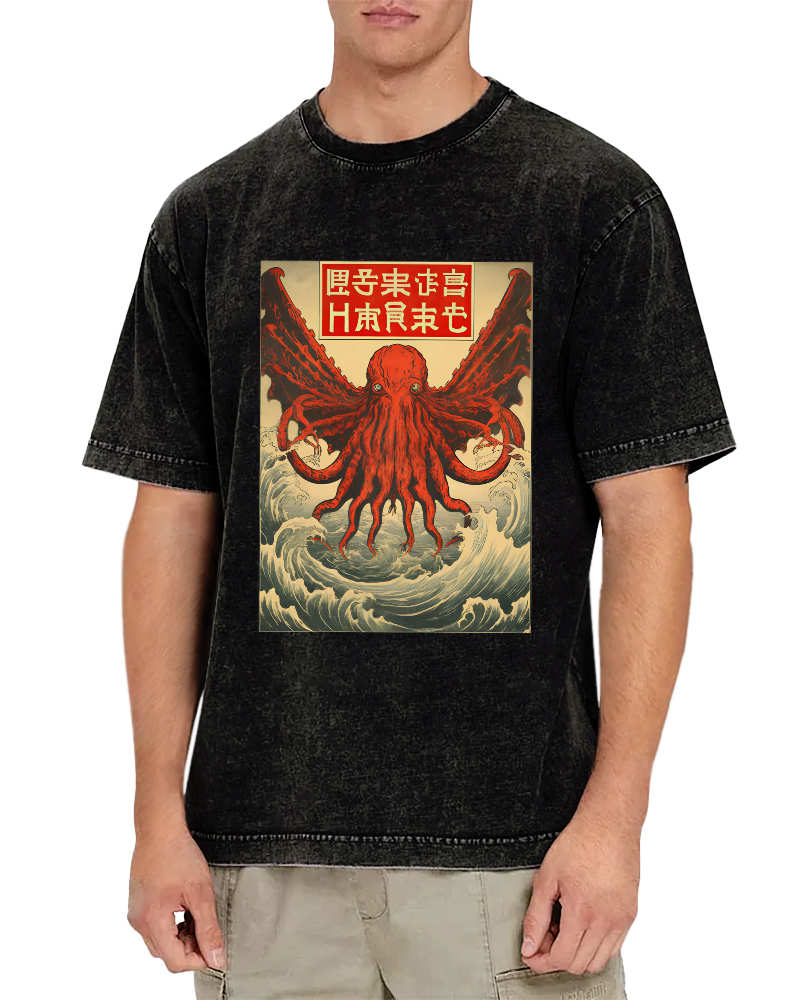The Japanese Style Octopus Monster in The Huge Waves Vintage Washed T-shirt-Zazasy