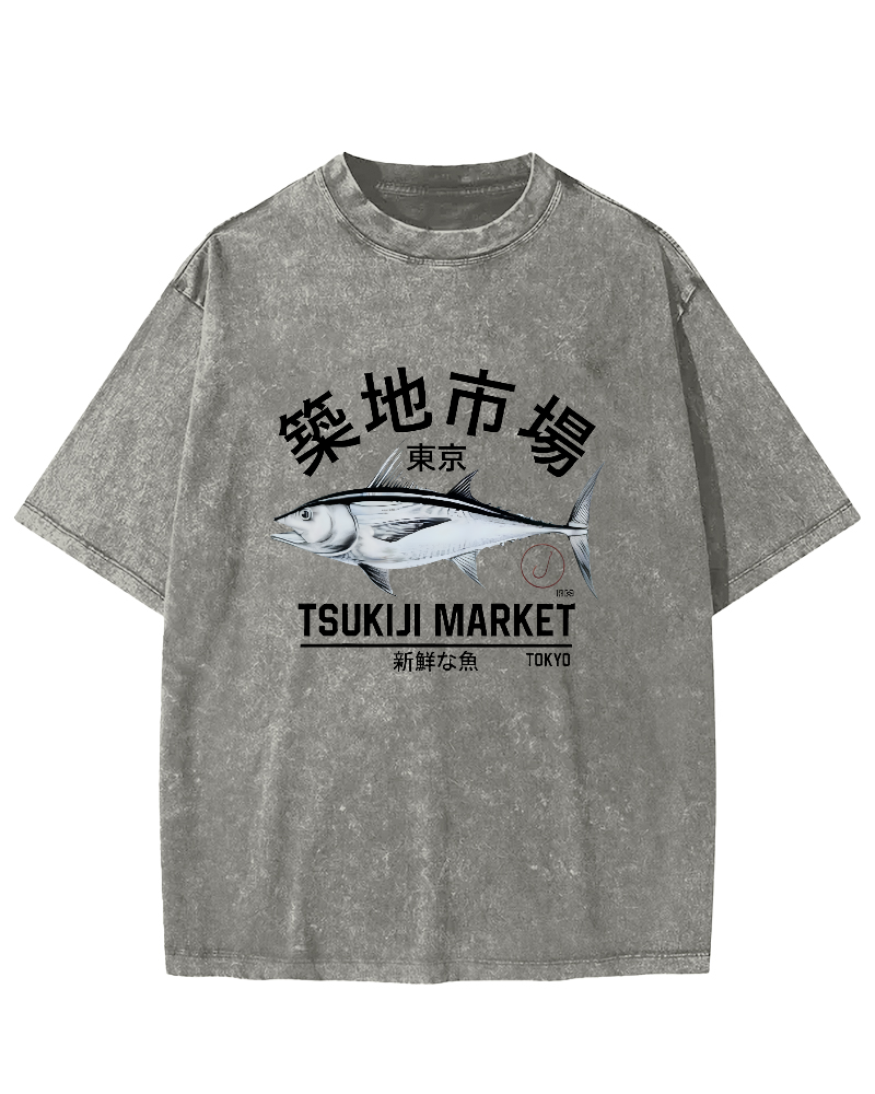 Japanese Sea Fish Pattern Vintage Distressed T-shirt-Zazasy