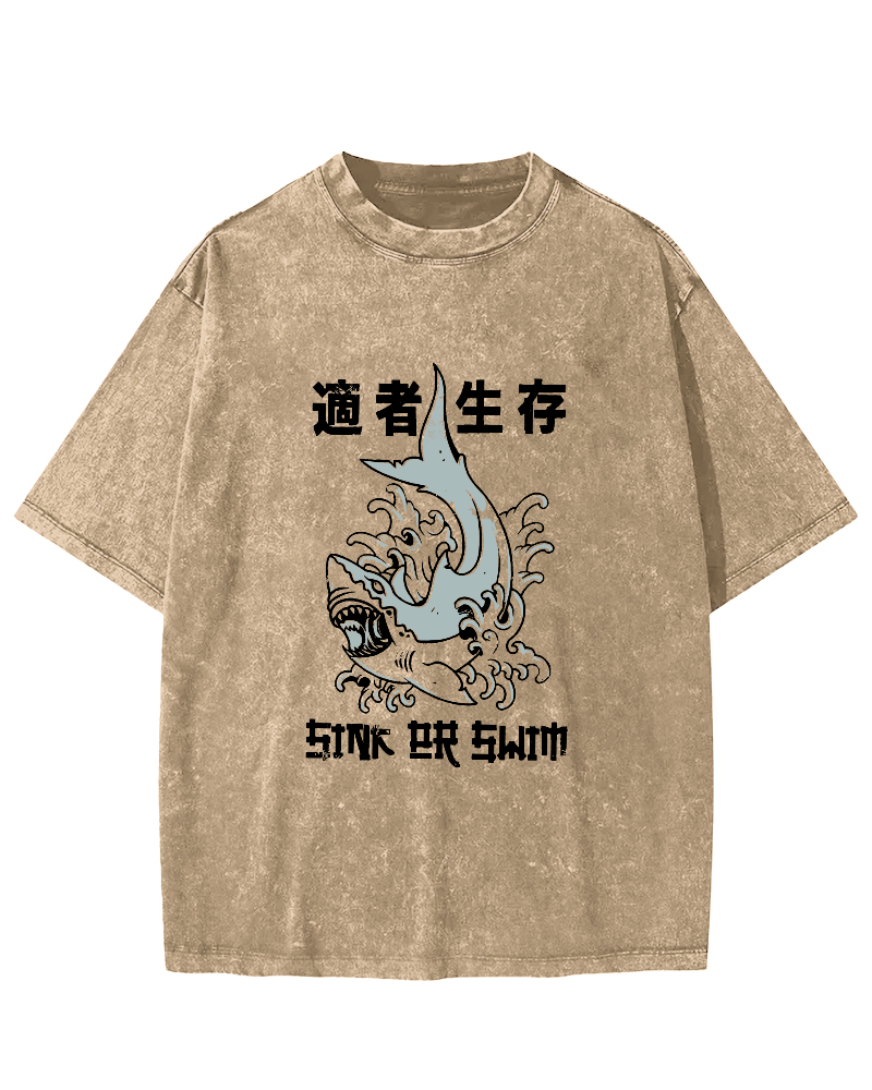 Japanese Script Shark Pattern Vintage Distressed T-shirt-Zazasy