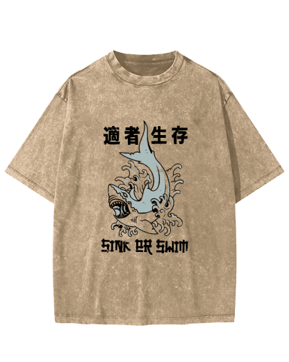Japanese Script Shark Pattern Vintage Distressed T-shirt-Zazasy