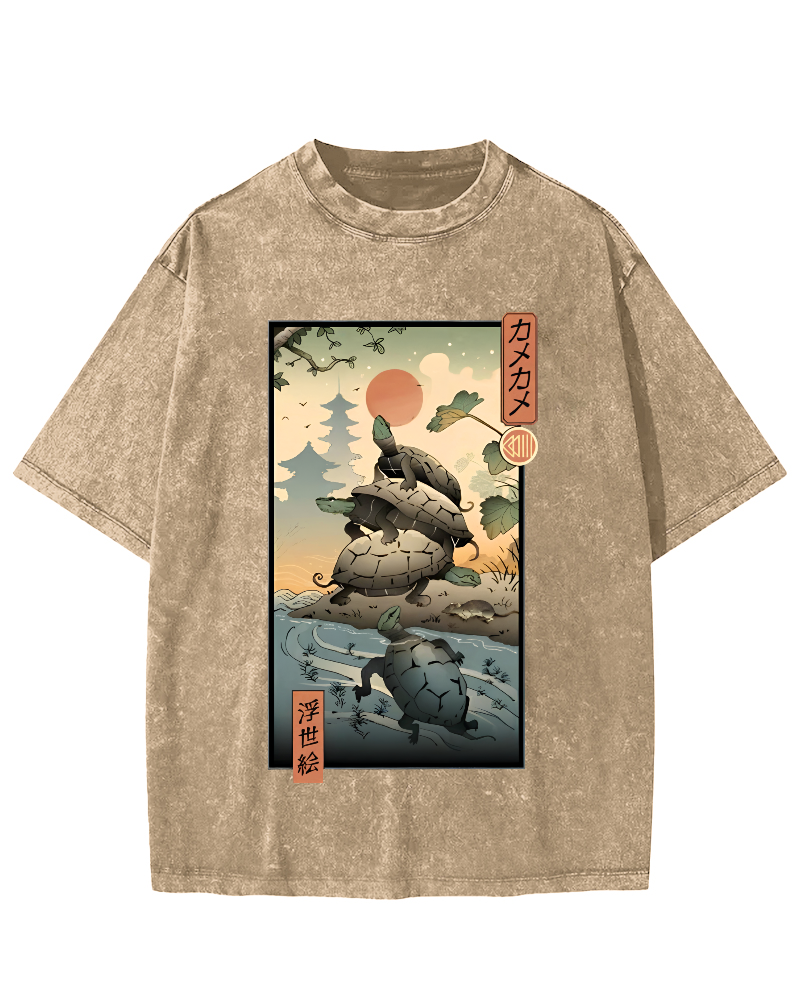 Ukiyoe Turtle Japanese Vintage Washed T-shirt-Zazasy