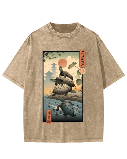 Ukiyoe Turtle Japanese Vintage Washed T-shirt-Zazasy