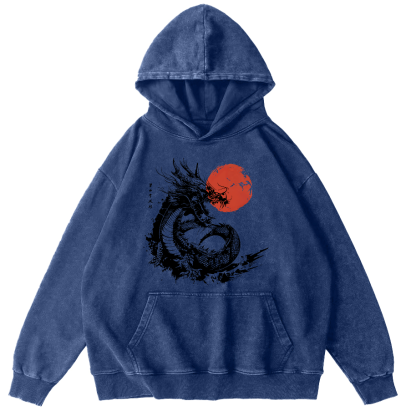 Japanese Style Sea Going Dragon Vintage Distressed Hoodie-Zazasy