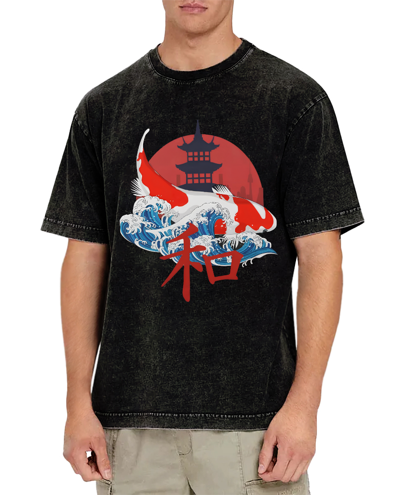 Japanese Style Koi Fish Vintage Distressed T-shirt-Zazasy