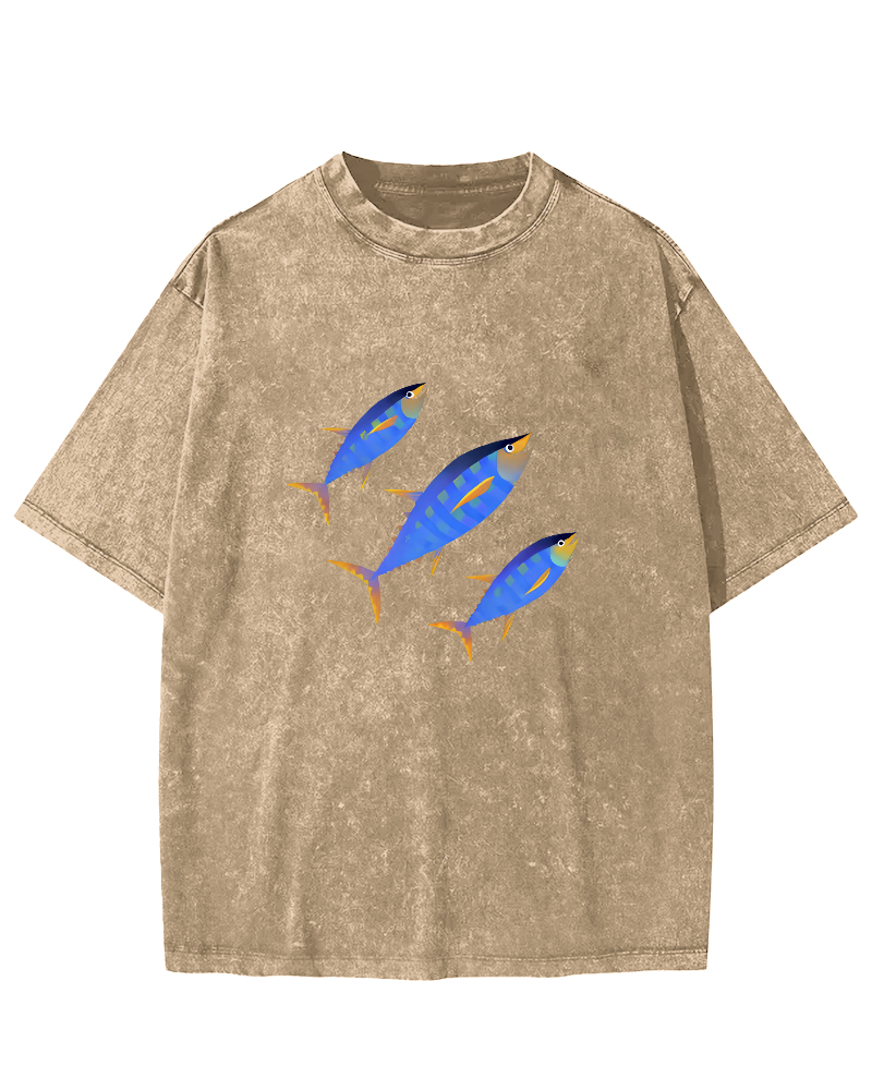 Abstract Tuna Pattern Vintage Distressed T-shirt-Zazasy