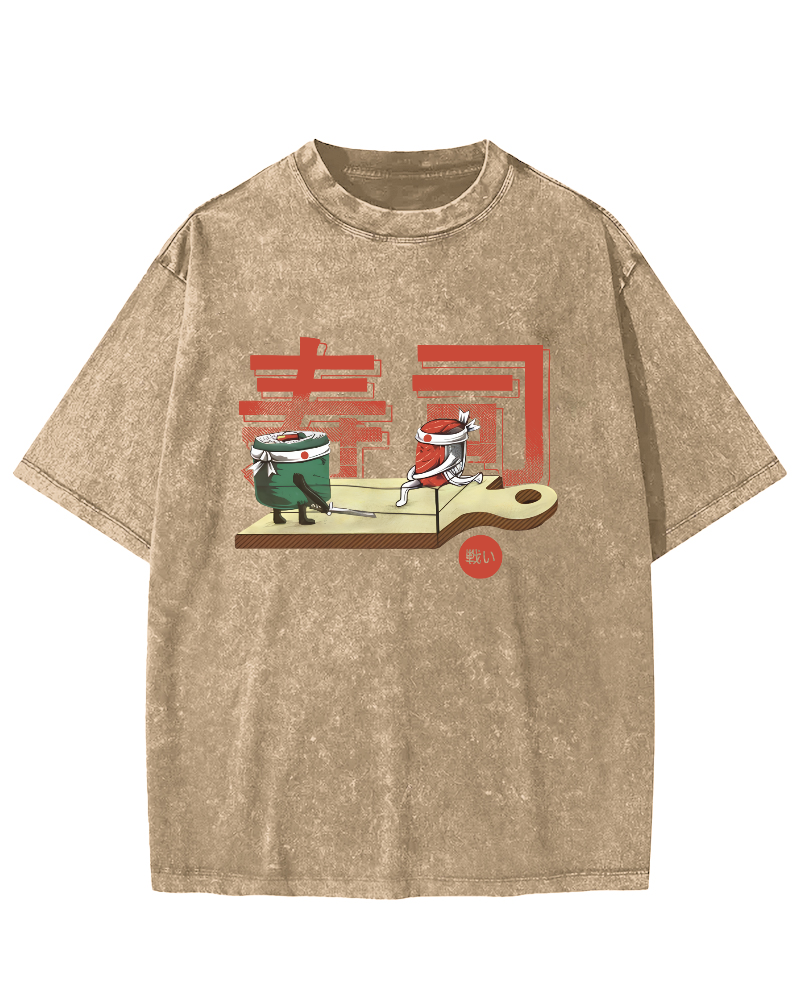 Japanese Sushi Vintage Washed T-shirt-Zazasy
