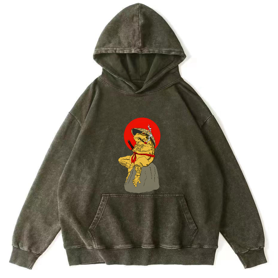 Retro Frog Japanese Style Vintage Distressed Hoodie-Zazasy