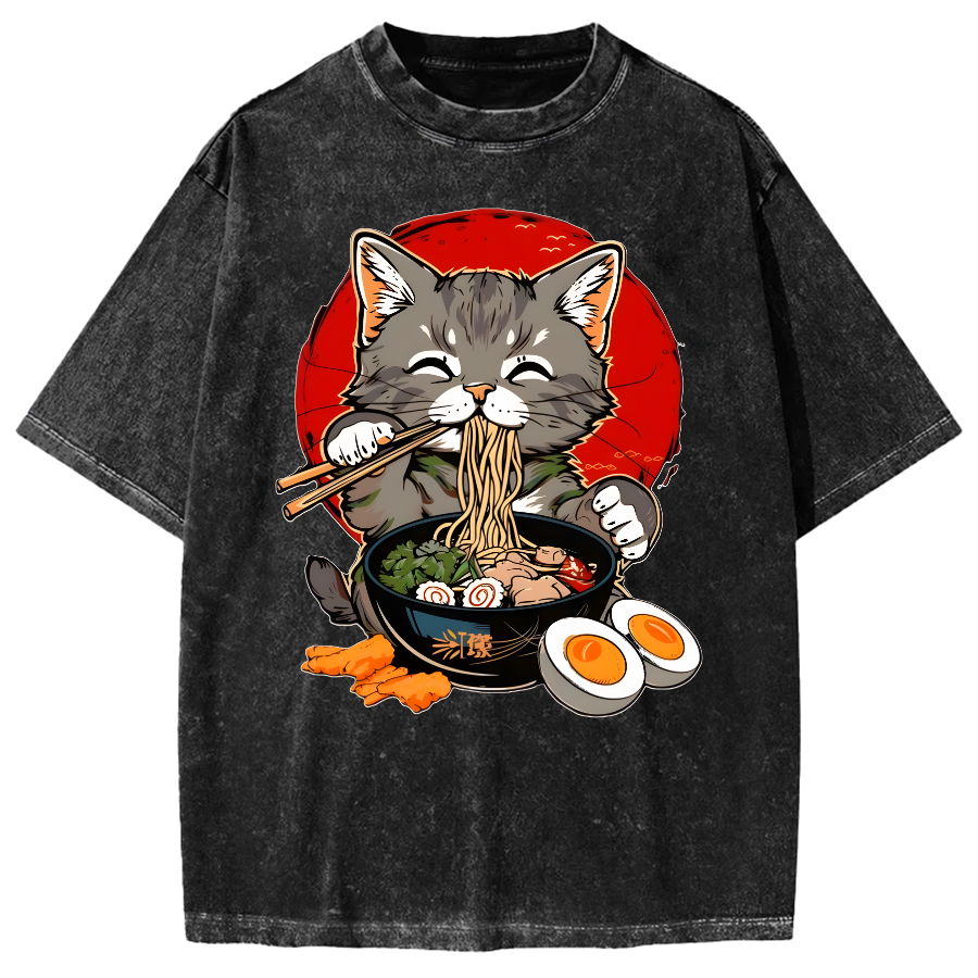 Japanese Anime Cat Eating Ramen Vintage Washed T-shirt