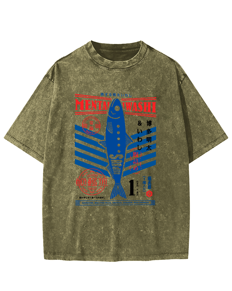 Japanese Seafood Market Vintage Washed T-shirt-Zazasy