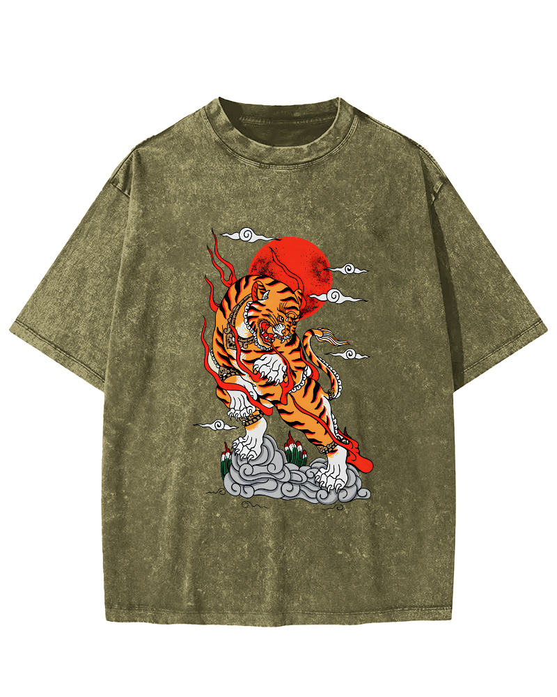 Japanese Sunrise Tiger Pattern Vintage Distressed T-shirt-Zazasy